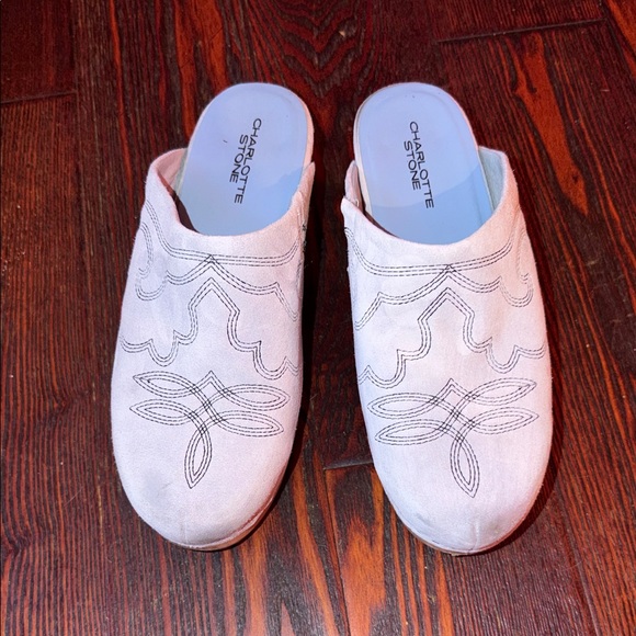 Charlotte Stone Light Blue Embroidered Rios Suede Clogs - Picture 2 of 6